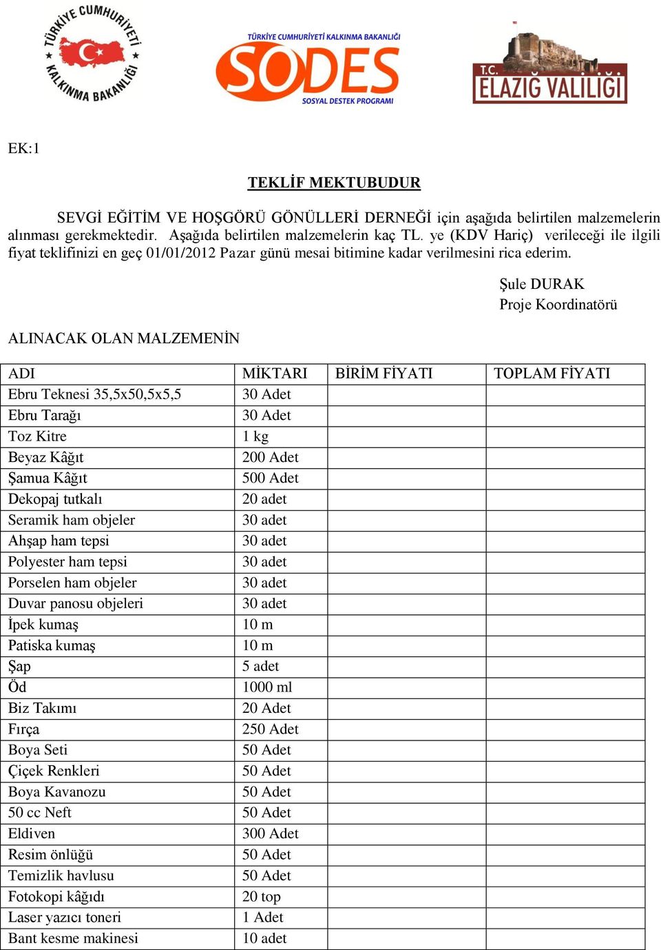 ALINACAK OLAN MALZEMENİN Şule DURAK Proje Koordinatörü ADI MİKTARI BİRİM FİYATI TOPLAM FİYATI Ebru Teknesi 35,5x50,5x5,5 30 Adet Ebru Tarağı 30 Adet Toz Kitre 1 kg Beyaz Kâğıt 200 Adet Şamua Kâğıt