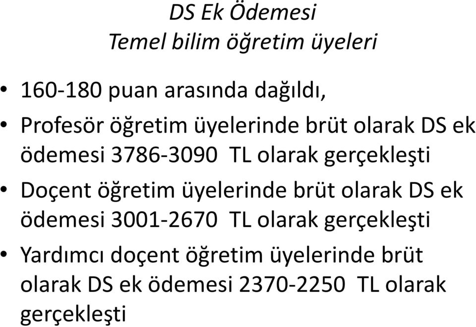 öğretim üyelerinde brüt olarak DS ek ödemesi 3001-2670 TL olarak gerçekleşti