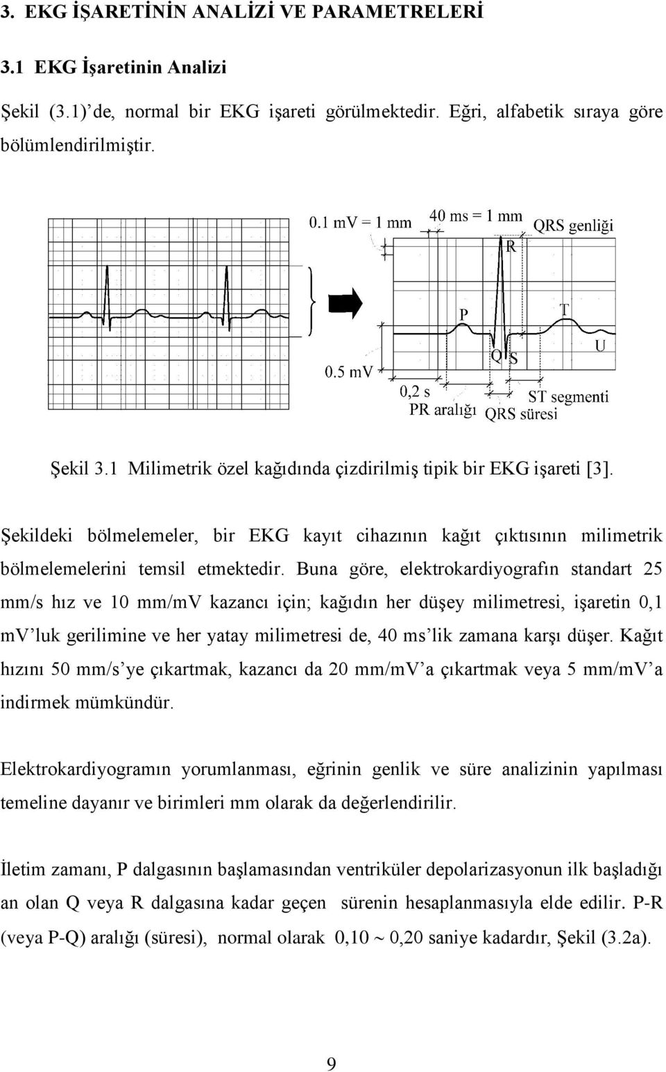 Buna göre, elektrokardiyografın standart 25 mm/s hız ve 10 mm/mv kazancı için; kağıdın her düşey milimetresi, işaretin 0,1 mv luk gerilimine ve her yatay milimetresi de, 40 ms lik zamana karşı düşer.