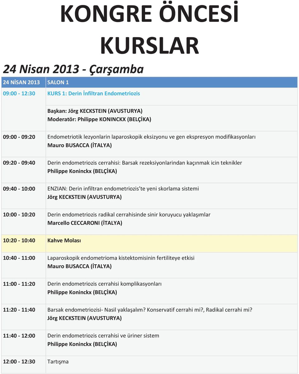 icin teknikler Philippe Koninckx (BELÇİKA) 09:40-10:00 ENZIAN: Derin infiltran endometriozis te yeni skorlama sistemi Jörg KECKSTEIN (AVUSTURYA) 10:00-10:20 Derin endometriozis radikal cerrahisinde