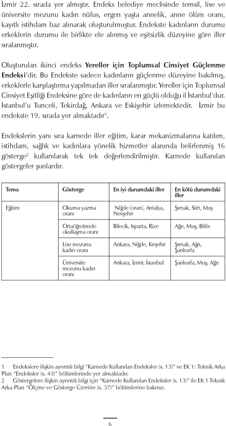 Bu Endekste sadece kadınların güçlenme düzeyine bakılmış, erkeklerle karşılaştırma yapılmadan iller sıralanmıştır.