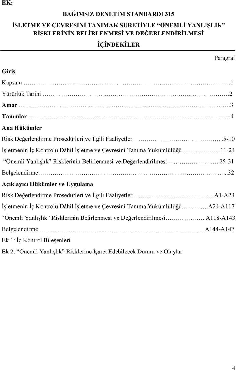 ....11-24 Önemli Yanlışlık Risklerinin Belirlenmesi ve Değerlendirilmesi..25-31 Belgelendirme...32 Açıklayıcı Hükümler ve Uygulama Risk Değerlendirme Prosedürleri ve İlgili Faaliyetler.