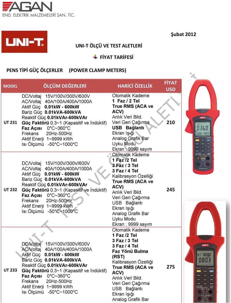 3~1 (Kapasitif ve İndüktif) Faz Açısı 0 C~360 C Frekans 20Hz-500Hz Aktif Enerji 1~9999 kwh Isı Ölçümü -50 C~1000 C 15V/100V/300V/600V AC/Voltaj 40A/100A/400A/1000A Aktif Güç 0.