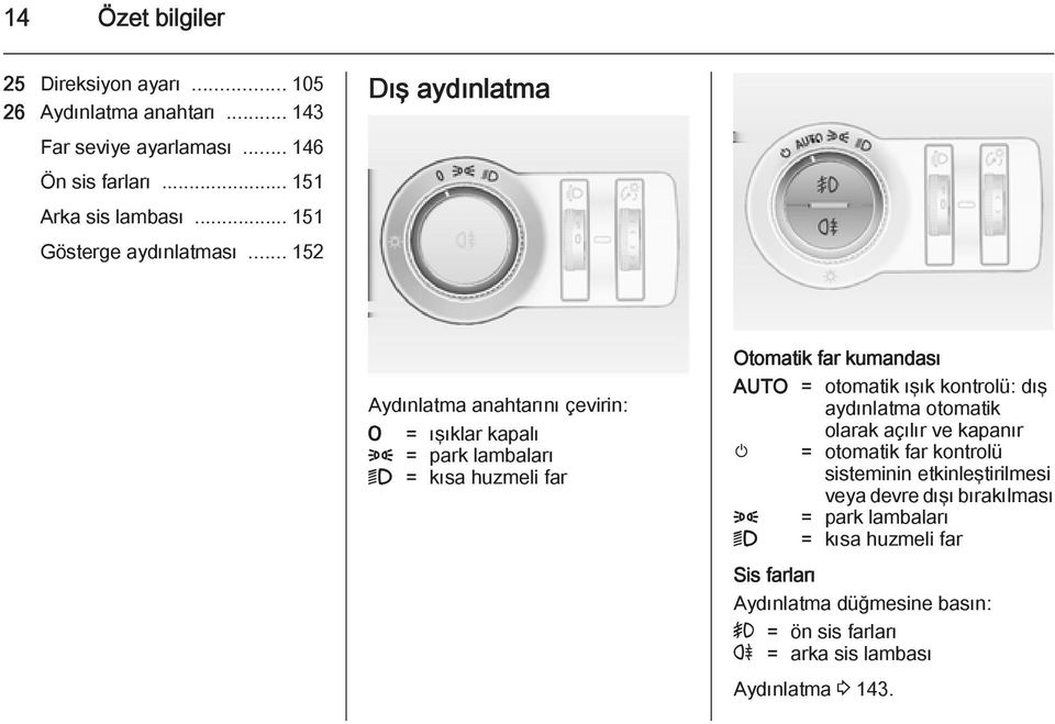 .. 152 Dış aydınlatma Aydınlatma anahtarını çevirin: 7 = ışıklar kapalı 8 = park lambaları 9 = kısa huzmeli far Otomatik far kumandası AUTO = otomatik