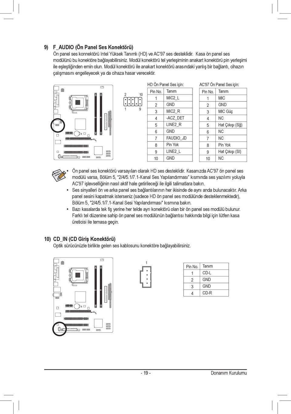 Modül konektörü ile anakart konektörü arasındaki yanlış bir bağlantı, cihazın çalışmasını engelleyecek ya da cihaza hasar verecektir. 2 10 1 9 HD Ön Panel Ses için: Pin No.
