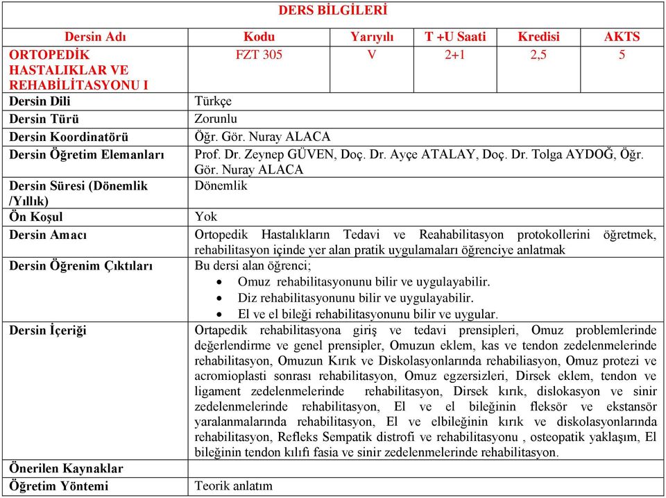 Nuray ALACA Dönemlik Dersin Amacı Ortopedik Hastalıkların Tedavi ve Reahabilitasyon protokollerini öğretmek, rehabilitasyon içinde yer alan pratik uygulamaları öğrenciye anlatmak Dersin Öğrenim