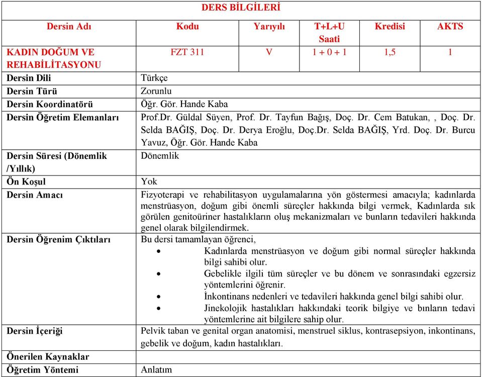 Hande Kaba Dönemlik Dersin Amacı Fizyoterapi ve rehabilitasyon uygulamalarına yön göstermesi amacıyla; kadınlarda menstrüasyon, doğum gibi önemli süreçler hakkında bilgi vermek, Kadınlarda sık