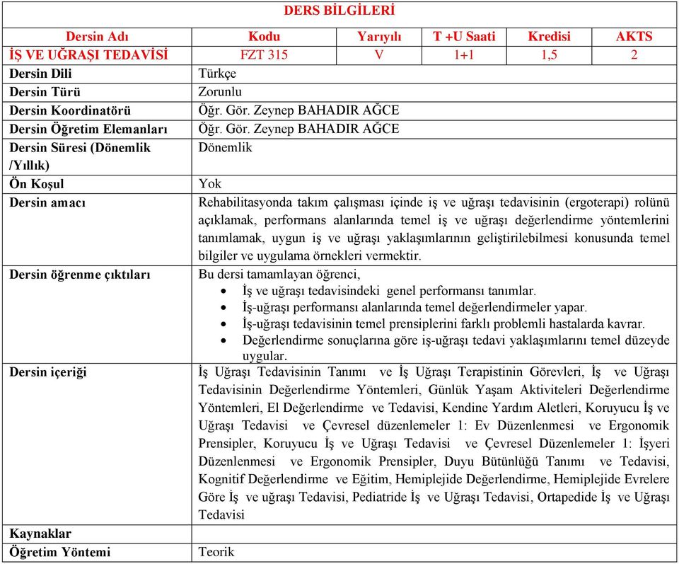 Zeynep BAHADIR AĞCE Dönemlik Rehabilitasyonda takım çalışması içinde iş ve uğraşı tedavisinin (ergoterapi) rolünü açıklamak, performans alanlarında temel iş ve uğraşı değerlendirme yöntemlerini