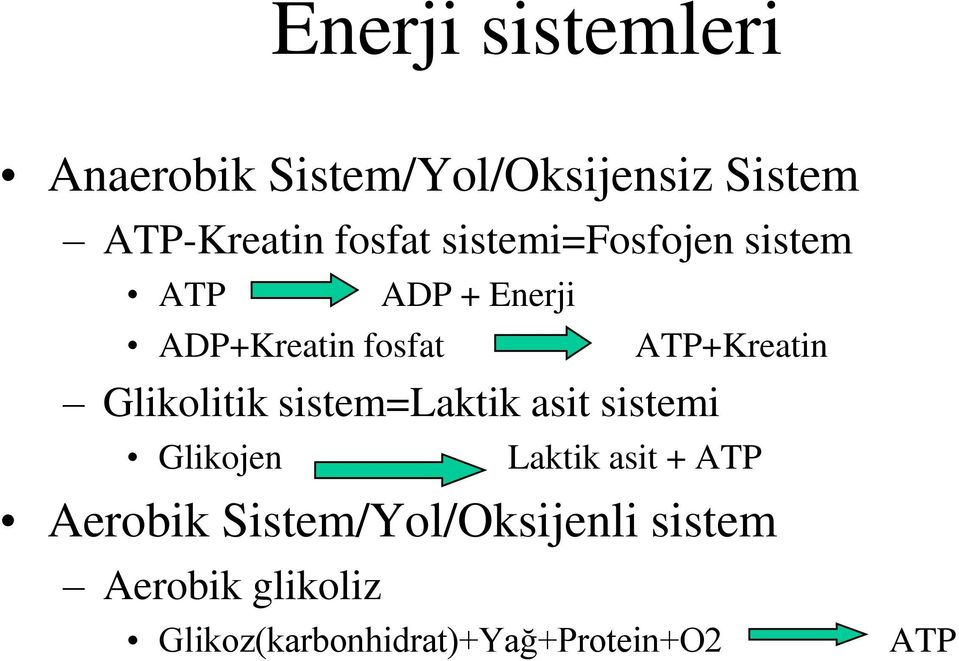 Glikolitik sistem=laktik asit sistemi Glikojen Laktik asit + ATP Aerobik