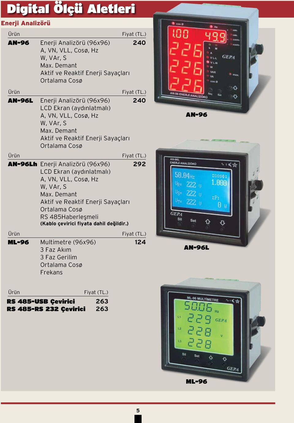 Demant Aktif ve Reaktif Enerji Sayaçları Ortalama Cosø AN-96 AN-96Lh Enerji Analizörü (96x96) 292 LCD Ekran (aydınlatmalı) A, VN, VLL, Cosø, Hz W, VAr, S Max.