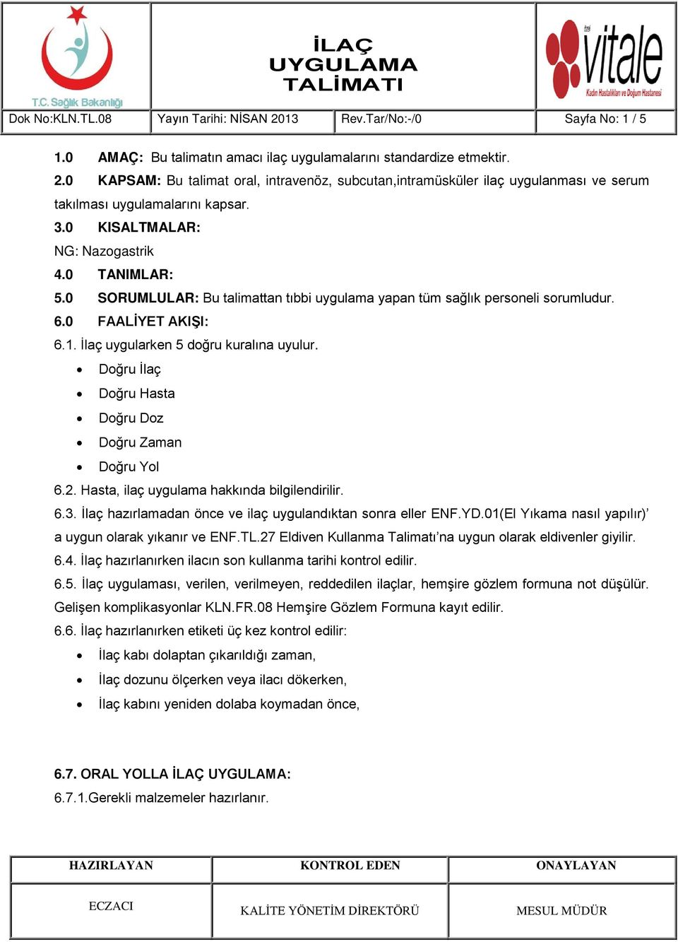 Doğru İlaç Doğru Hasta Doğru Doz Doğru Zaman Doğru Yol 6.2. Hasta, ilaç uygulama hakkında bilgilendirilir. 6.3. İlaç hazırlamadan önce ve ilaç uygulandıktan sonra eller ENF.YD.