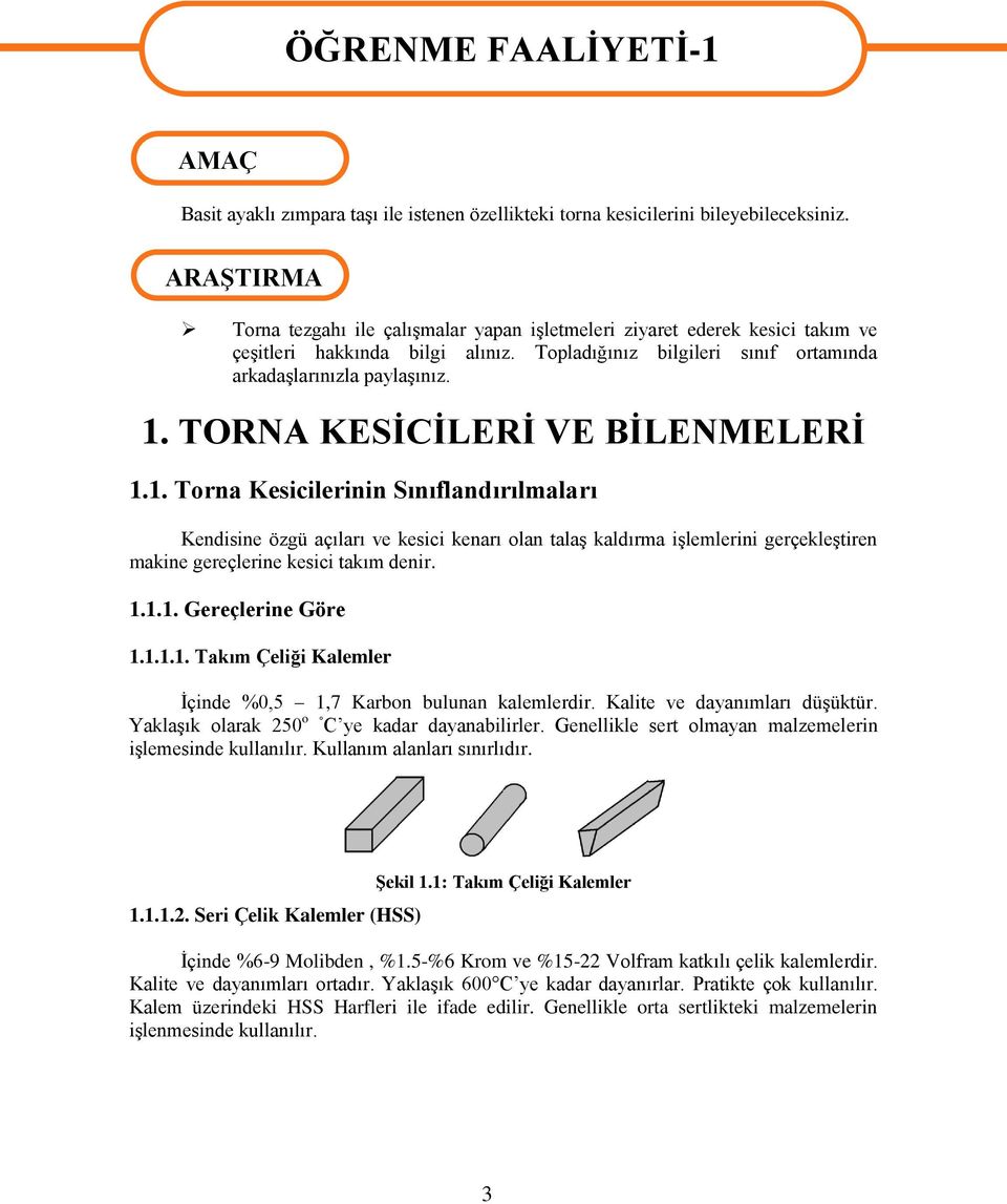 TORNA KESİCİLERİ VE BİLENMELERİ 1.1. Torna Kesicilerinin Sınıflandırılmaları Kendisine özgü açıları ve kesici kenarı olan talaş kaldırma işlemlerini gerçekleştiren makine gereçlerine kesici takım denir.