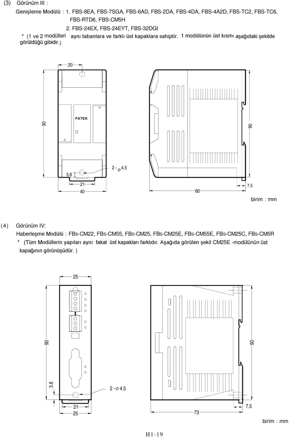 1 modülünün üst kısmı aşağıdaki şekilde görüldüğü gibidir.) 20 FATEK 90 90 90 90 3.8 2-4.5 21 40 80 7.