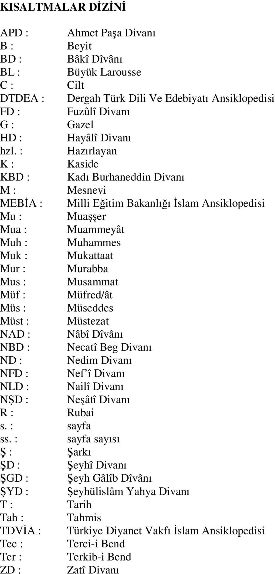 : Musammat Müf : Müfred/ât Müs : Müseddes Müst : Müstezat NAD : Nâbî Dîvânı NBD : Necatî Beg Divanı ND : Nedim Divanı NFD : Nef î Divanı NLD : Nailî Divanı NŞD : Neşâtî Divanı R : Rubai s. : sayfa ss.