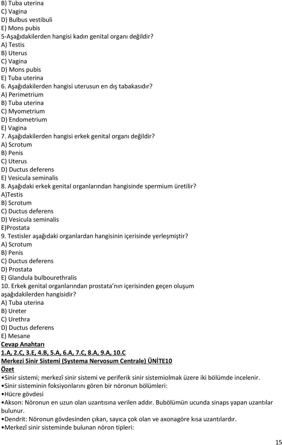 A) Scrotum B) Penis C) Uterus D) Ductus deferens E) Vesicula seminalis 8. Aşağıdaki erkek genital organlarından hangisinde spermium üretilir?