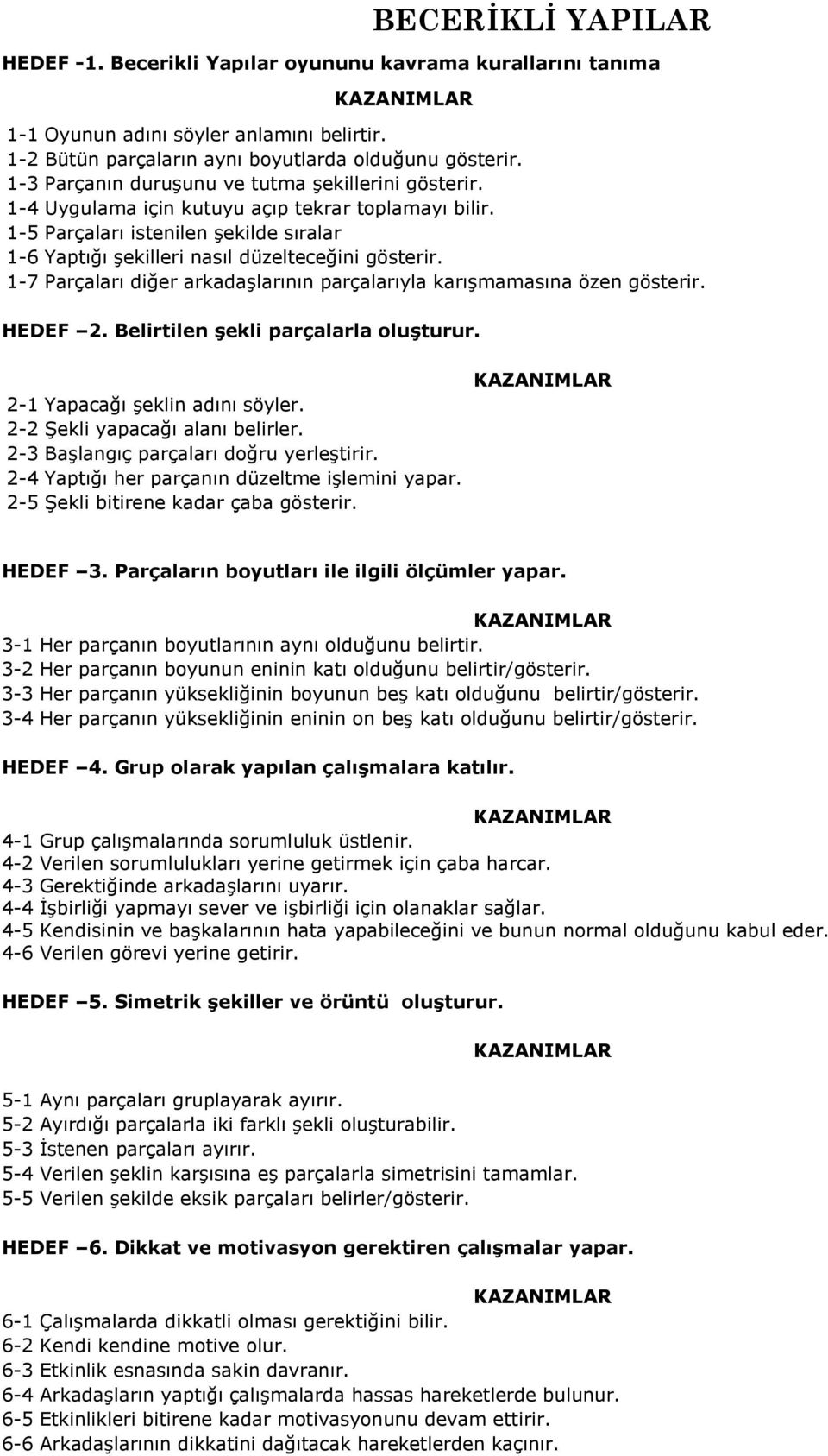 1-7 Parçaları diğer arkadaşlarının parçalarıyla karışmamasına özen gösterir. HEDEF 3. Parçaların boyutları ile ilgili ölçümler yapar. 3-1 Her parçanın boyutlarının aynı olduğunu belirtir.