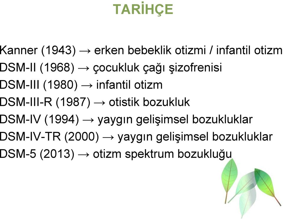 (1987) otistik bozukluk DSM-IV (1994) yaygın gelişimsel bozukluklar