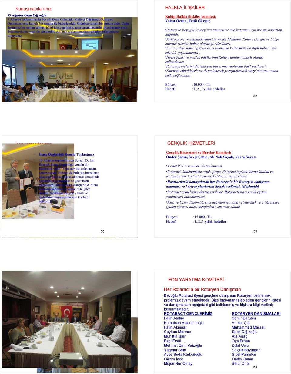 HALKLA İLİŞKİLER Kulüp Halkla ilişkiler komitesi; Yakut Özden, Erdil Gürgüç Rotary ve Beyoğlu Rotary nin tanıtımı ve üye kazanımı için broşür bastırılıp dağıtıldı.