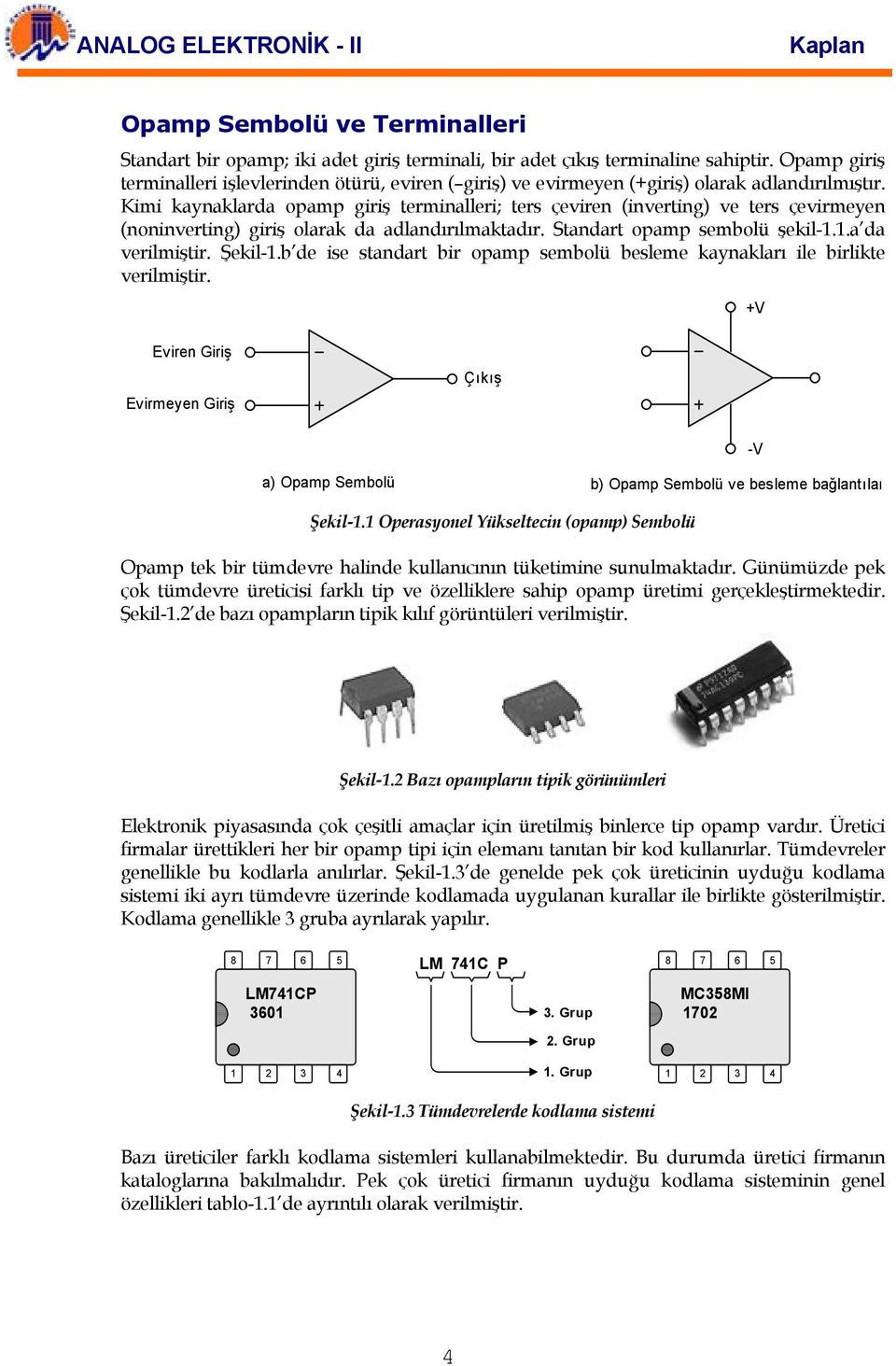 Kimi kaynaklarda opamp giriş terminalleri; ters çeviren (inverting) ve ters çevirmeyen (noninverting) giriş olarak da adlandırılmaktadır. Standart opamp sembolü şekil-..a da verilmiştir. Şekil-.