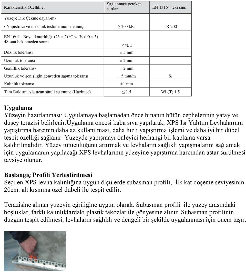 gönyeden sapma toleransı ± 5 mm/m Sb Kalınlık toleransı ±1 mm Tam Daldırmayla uzun süreli su emme (Hacimce) 1.5 WL(T) 1.