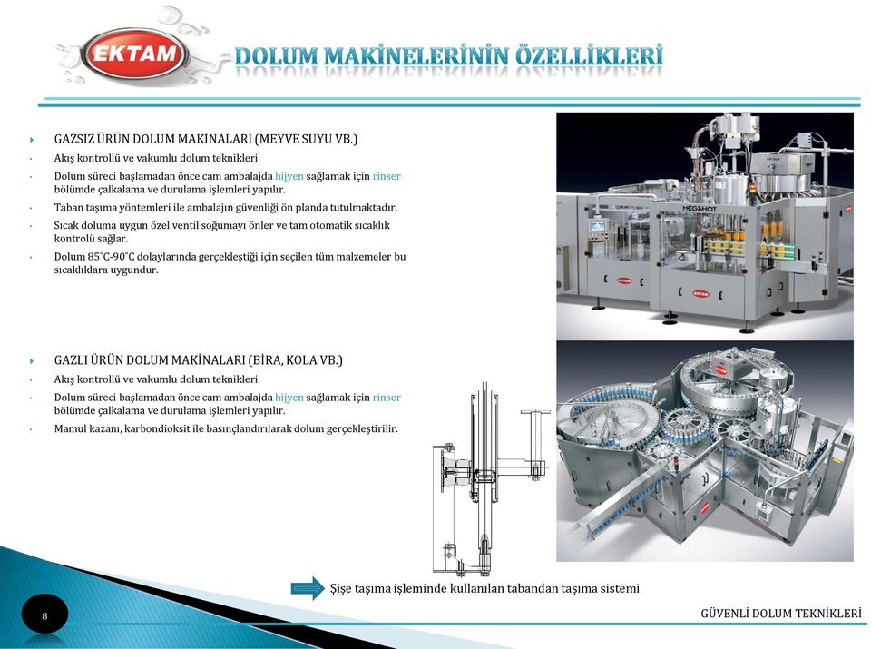 Taban taşıma yöntemleri ile ambalajın güvenliği ön planda tutulmaktadır. Sıcak doluma uygun özel ventil soğumayı önler ve tam otomatik sıcaklık kontrolü sağlar.