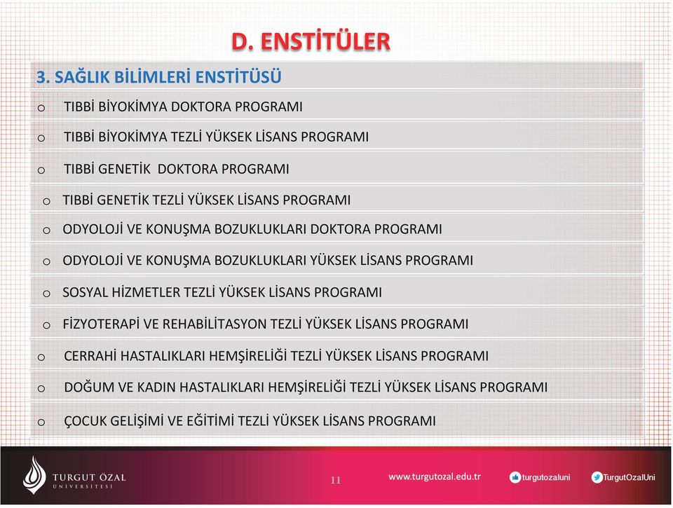 VE KONUŞMA BOZUKLUKLARI DOKTORA PROGRAMI ODYOLOJİ VE KONUŞMA BOZUKLUKLARI YÜKSEK LİSANS PROGRAMI SOSYAL HİZMETLER TEZLİ YÜKSEK LİSANS PROGRAMI FİZYOTERAPİ