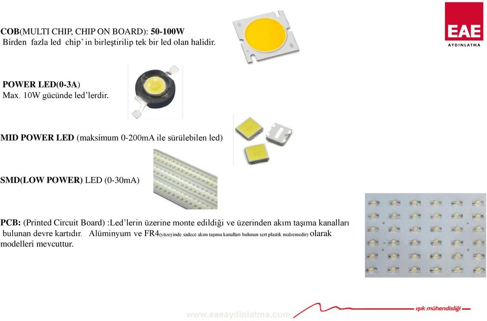 MID POWER LED (maksimum 0-200mA ile sürülebilen led) SMD(LOW POWER) LED (0-30mA) PCB: (Printed Circuit Board) :Led
