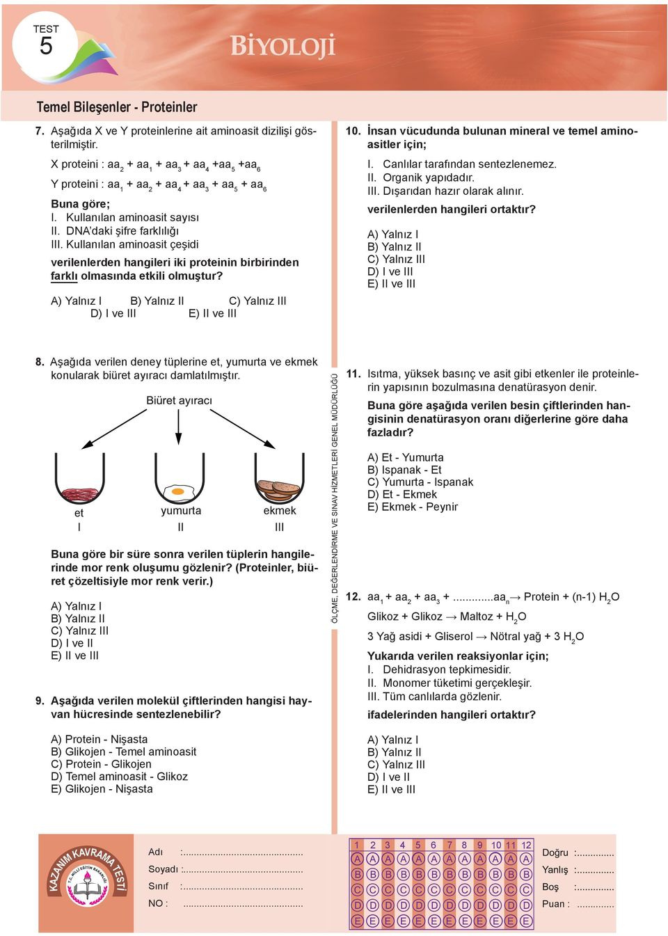 Kullanılan aminoasit çeşidi verilenlerden hangileri iki proteinin birbirinden farklı olmasında etkili olmuştur? I E) II ve III 10. İnsan vücudunda bulunan mineral ve temel aminoasitler için; I.