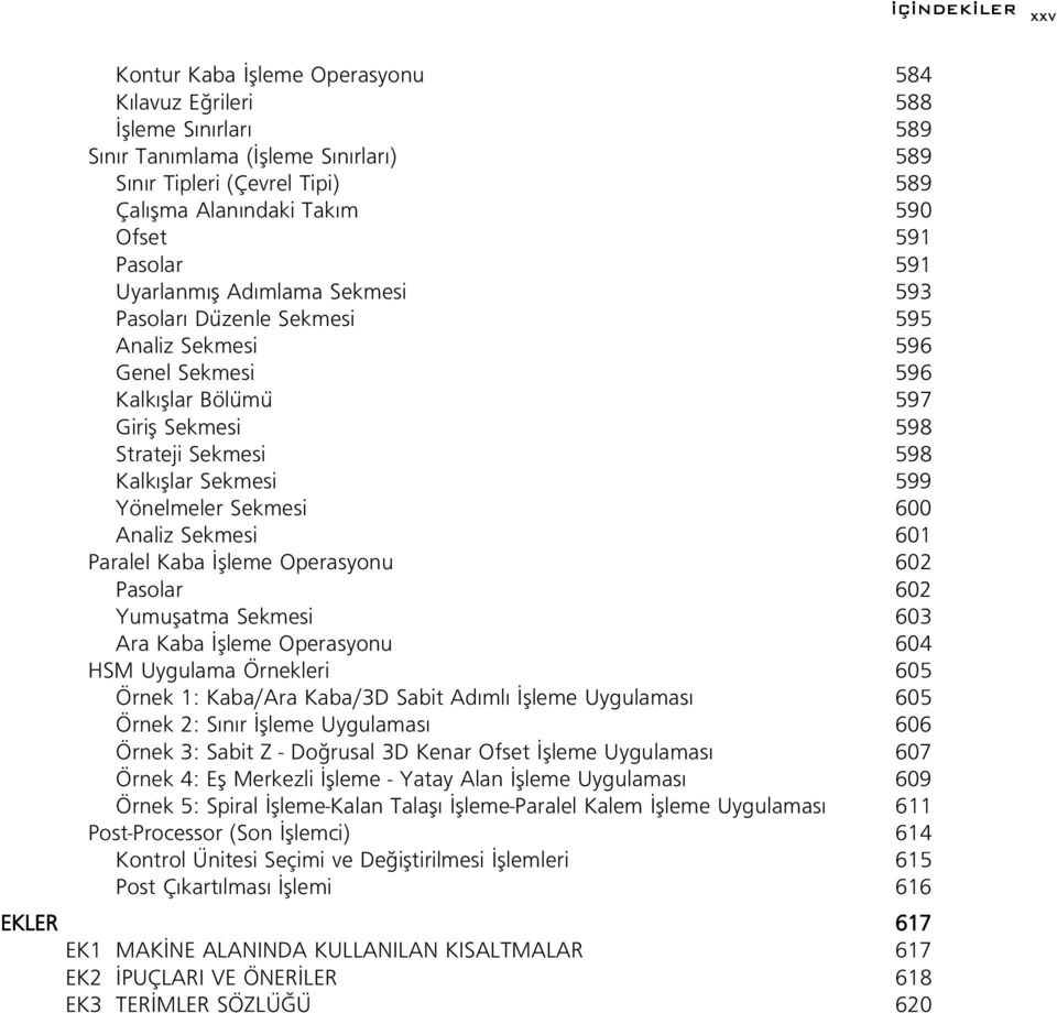 Yönelmeler Sekmesi 600 Analiz Sekmesi 601 Paralel Kaba flleme Operasyonu 602 Pasolar 602 Yumuflatma Sekmesi 603 Ara Kaba flleme Operasyonu 604 HSM Uygulama Örnekleri 605 Örnek 1: Kaba/Ara Kaba/3D