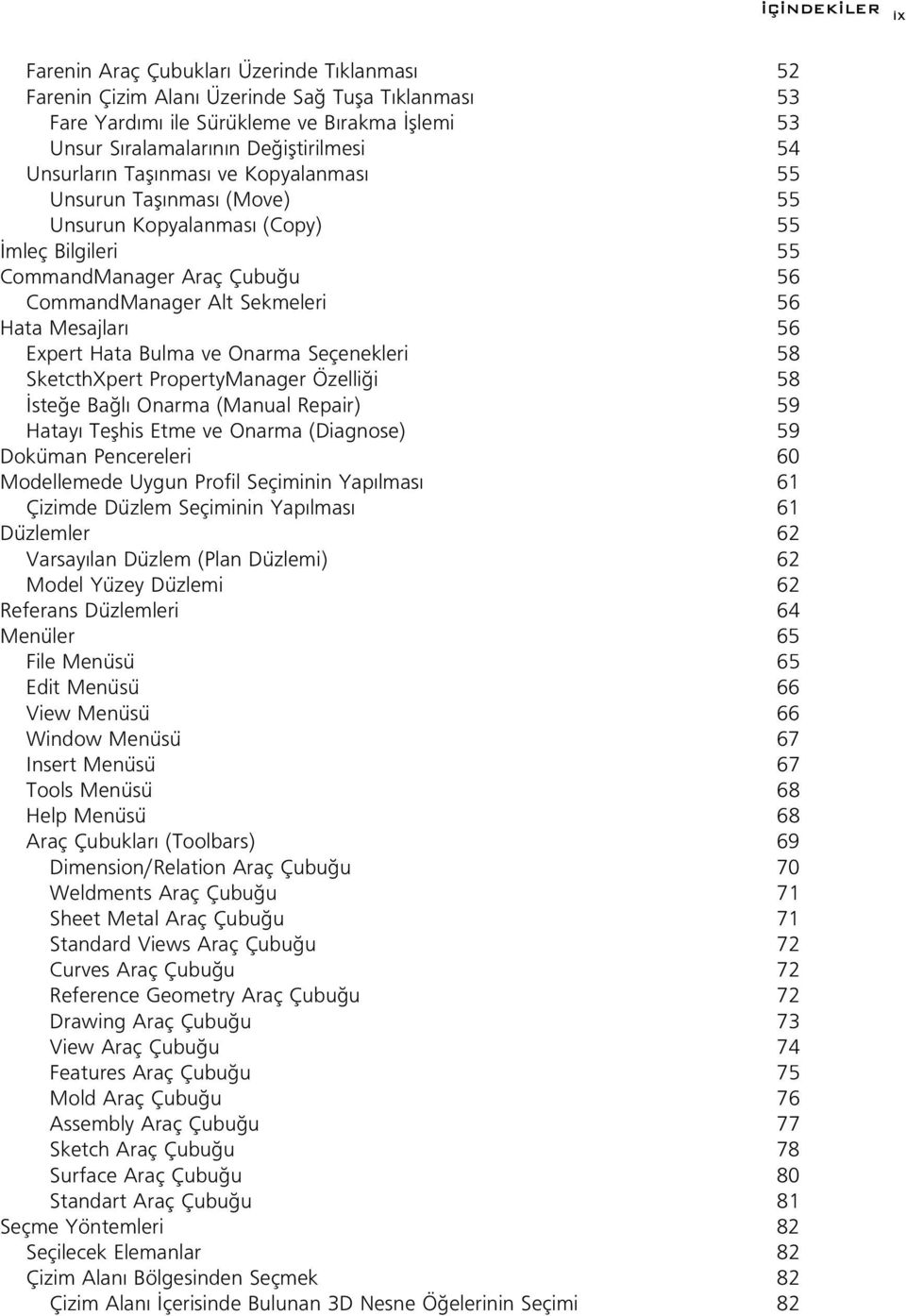 Expert Hata Bulma ve Onarma Seçenekleri 58 SketcthXpert PropertyManager Özelli i 58 ste e Ba l Onarma (Manual Repair) 59 Hatay Teflhis Etme ve Onarma (Diagnose) 59 Doküman Pencereleri 60 Modellemede