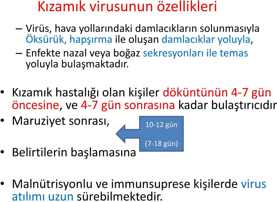 Kızamık hastalığı olan kişiler döküntünün 4-7 gün öncesine, ve 4-7 gün sonrasına kadar bulaştırıcıdır Maruziyet