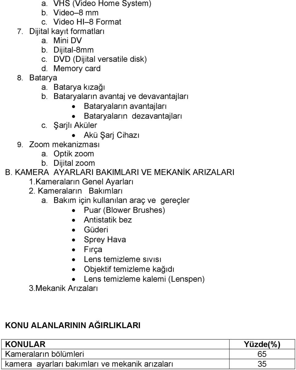 KAMERA AYARLARI BAKIMLARI VE MEKANİK ARIZALARI 1.Kameraların Genel Ayarları 2. Kameraların Bakımları a.