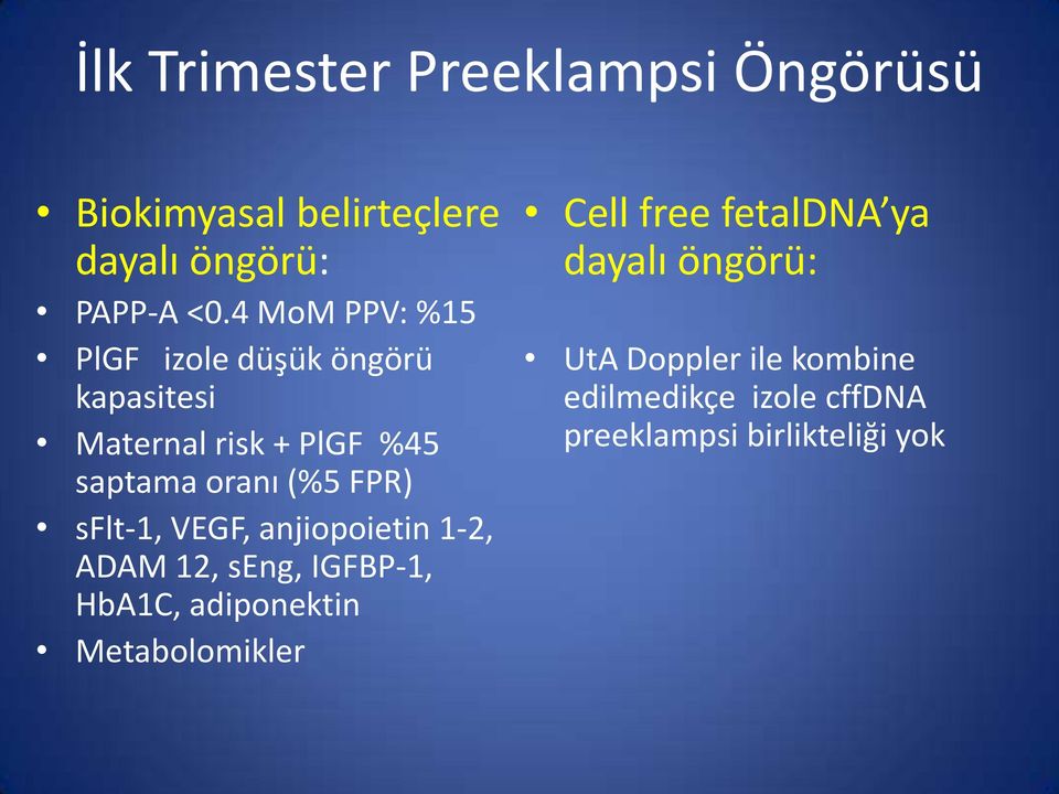 FPR) sflt-1, VEGF, anjiopoietin 1-2, ADAM 12, seng, IGFBP-1, HbA1C, adiponektin Metabolomikler