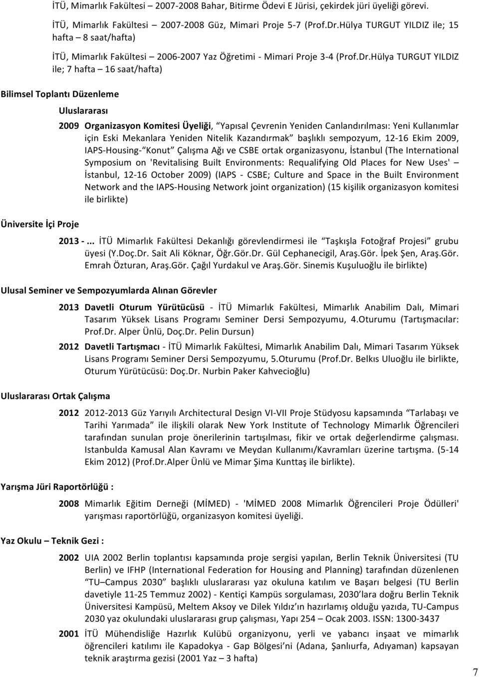 Hülya TURGUT YILDIZ ile; 7 hafta 16 saat/hafta) Bilimsel Toplantı Düzenleme Üniversite İçi Proje Uluslararası 2009 Organizasyon Komitesi Üyeliği, Yapısal Çevrenin Yeniden Canlandırılması: Yeni