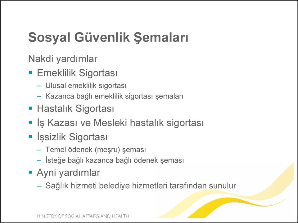 Mesleki hastalık sigortası İşsizlik Sigortası Temel ödenek (meşru) şeması İsteğe bağlı