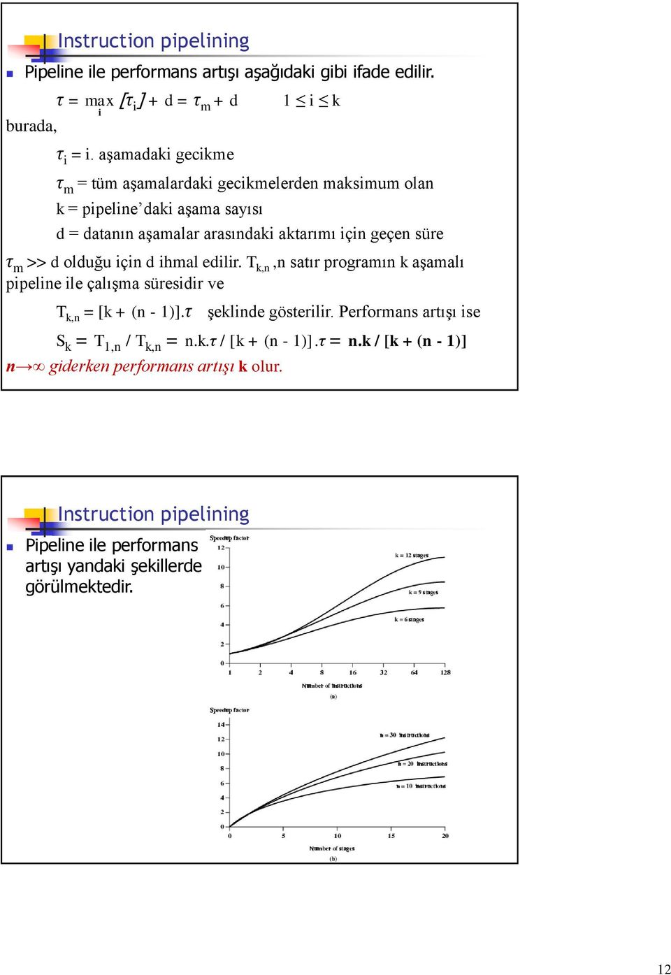 geçen süre τ m >> d olduğu için d ihmal edilir. T k,n,n satır programın k aşamalı pipeline ile çalışma süresidir ve T k,n = [k + (n - 1)].