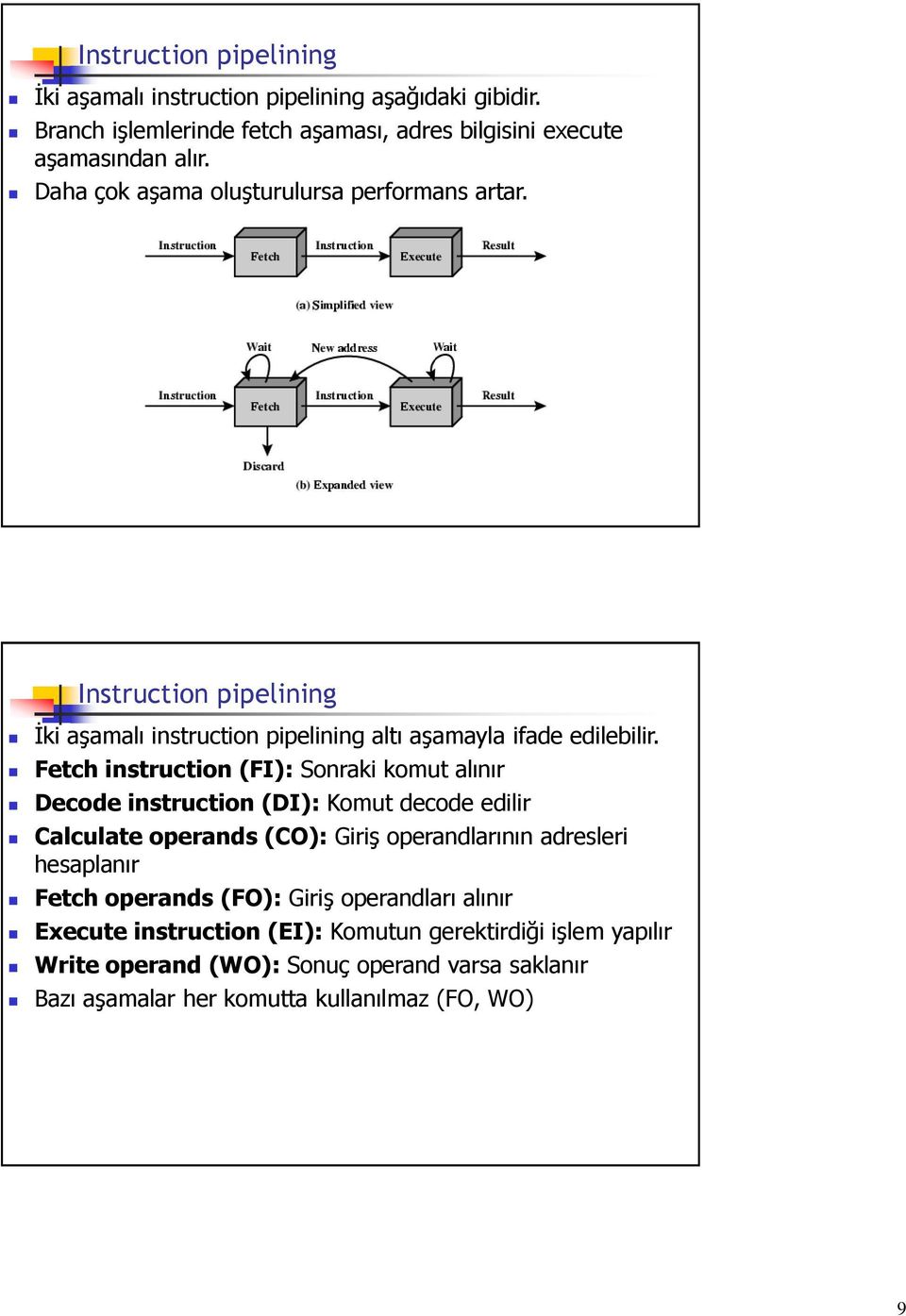 Fetch instruction (FI): Sonraki komut alınır Decode instruction (DI): Komut decode edilir Calculate operands (CO): Giriş operandlarının adresleri