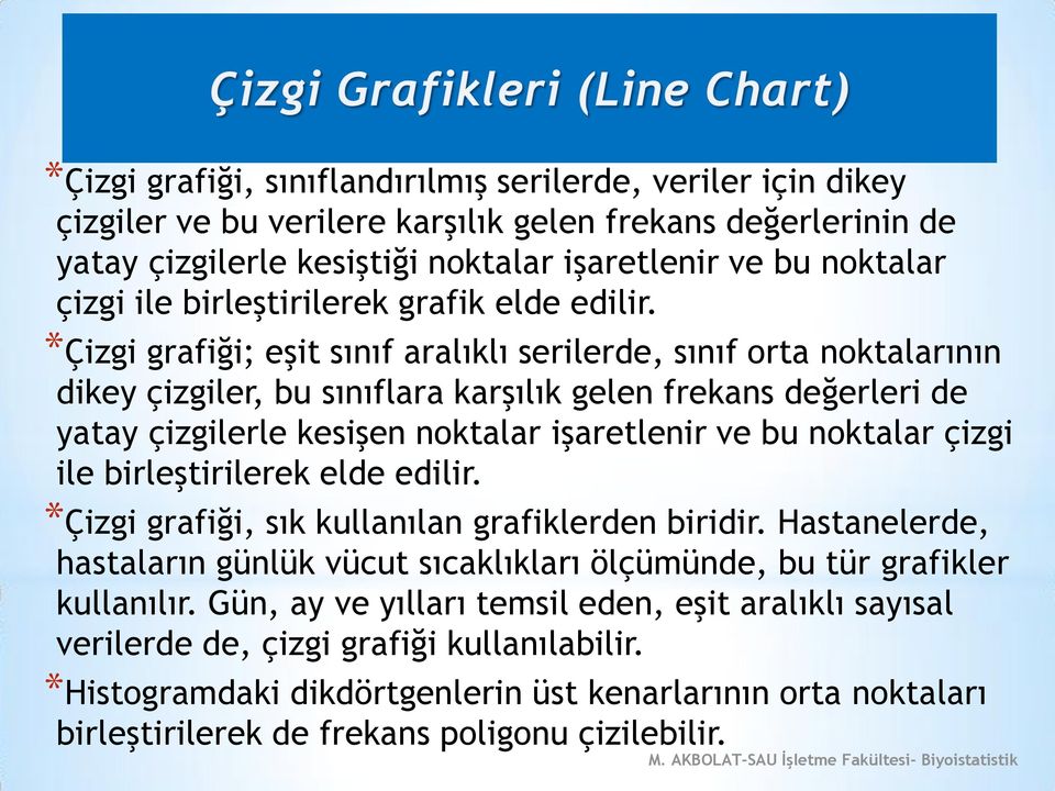 *Çizgi grafiği; eşit sınıf aralıklı serilerde, sınıf orta noktalarının dikey çizgiler, bu sınıflara karşılık gelen frekans değerleri de yatay çizgilerle kesişen noktalar işaretlenir ve bu noktalar