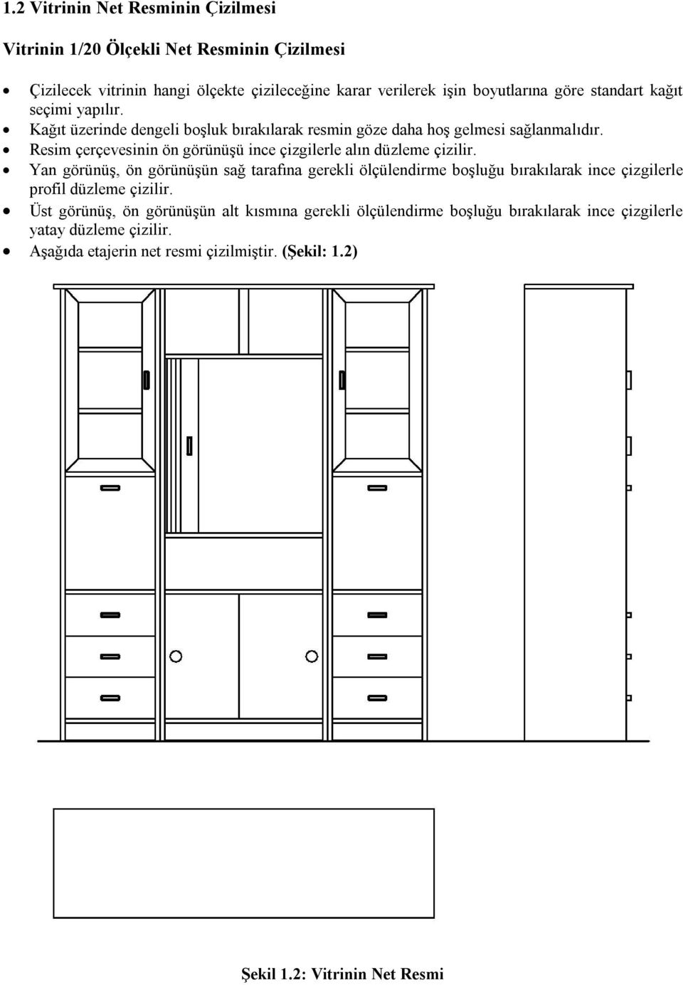 Resim çerçevesinin ön görünüşü ince çizgilerle alın düzleme çizilir.