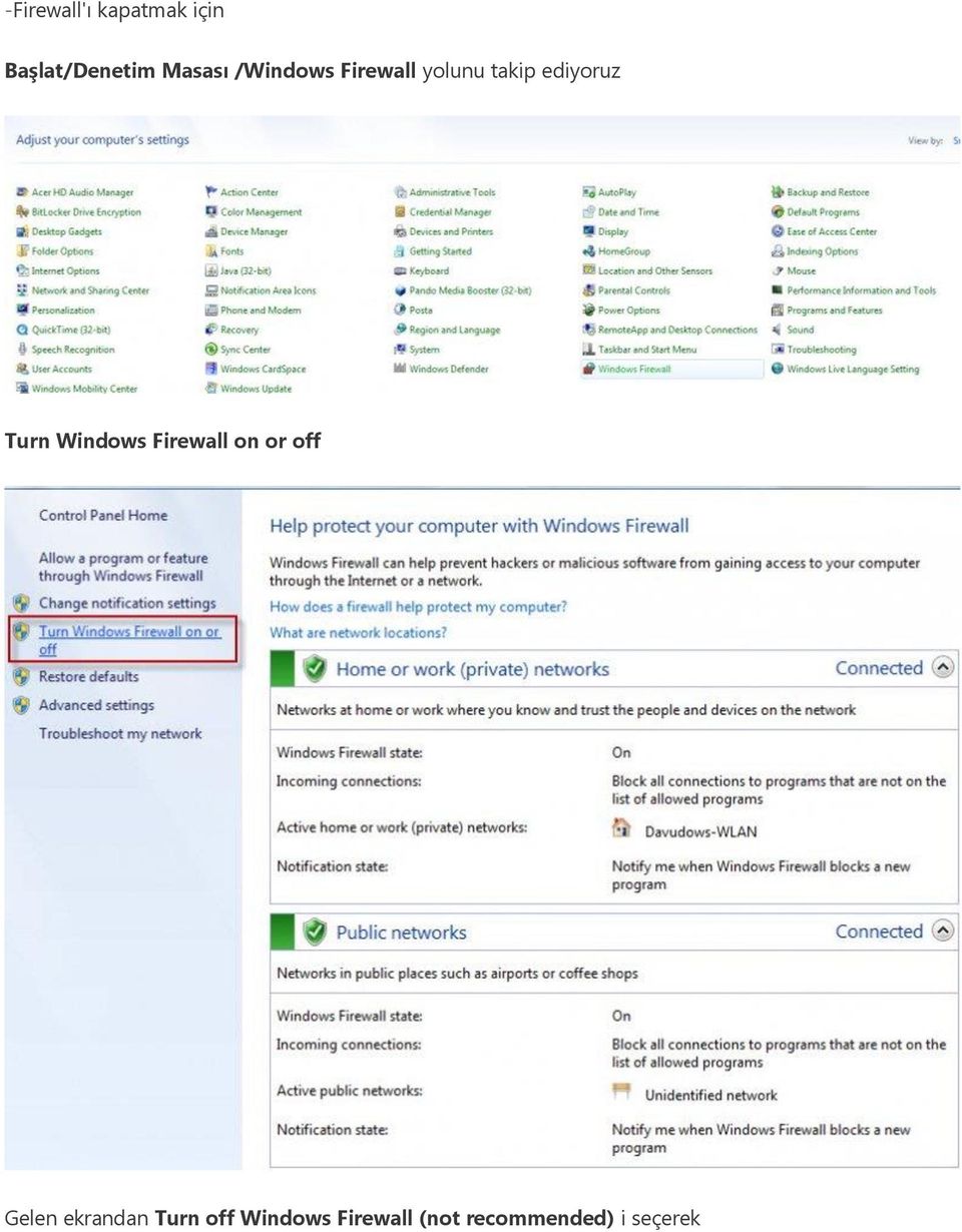 Turn Windows Firewall on or off Gelen ekrandan