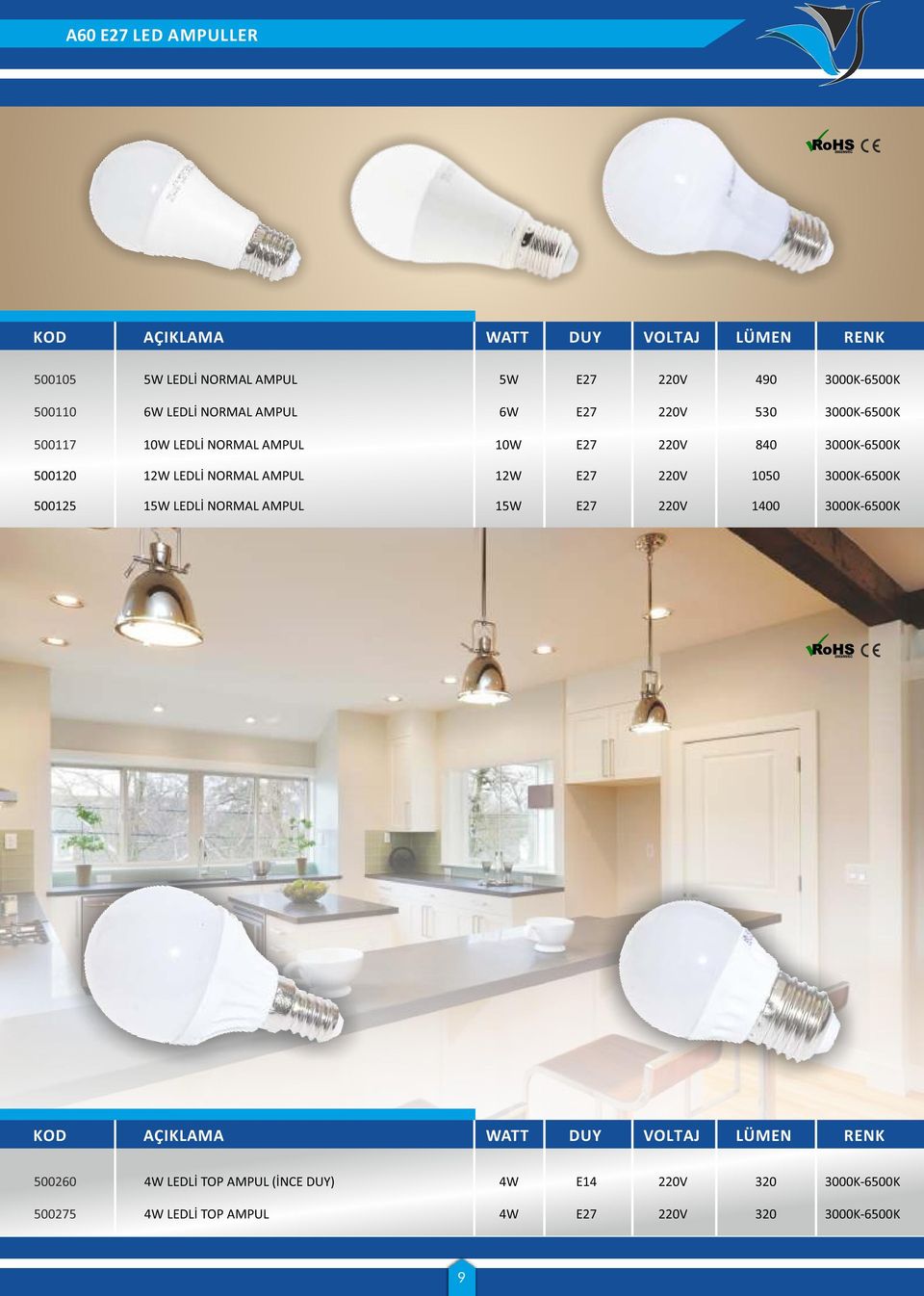 NORMAL AMPUL 12W E27 220V 1050 3000K-6500K 500125 15W LEDLİ NORMAL AMPUL 15W E27 220V 1400 3000K-6500K KOD AÇIKLAMA WATT DUY