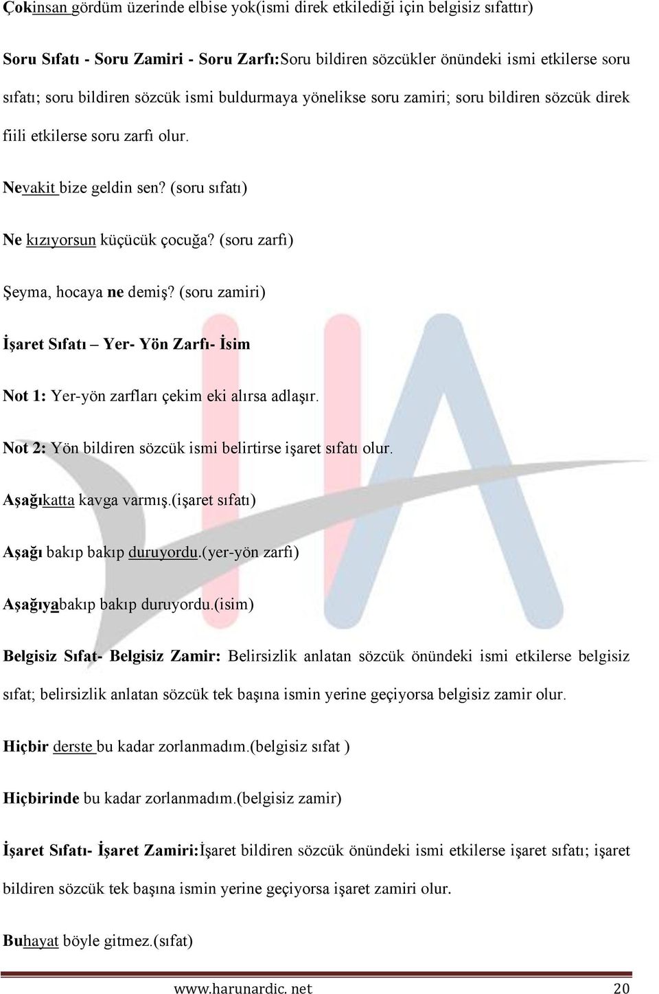 (soru zarfı) Şeyma, hocaya ne demiş? (soru zamiri) İşaret Sıfatı Yer- Yön Zarfı- İsim Not 1: Yer-yön zarfları çekim eki alırsa adlaşır. Not 2: Yön bildiren sözcük ismi belirtirse işaret sıfatı olur.