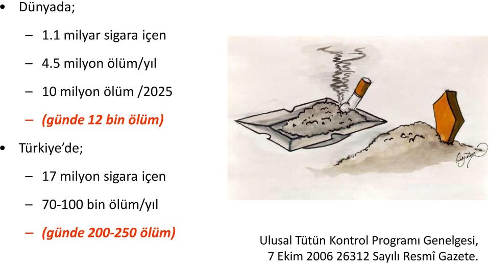Türkiye de; 17 milyon sigara içen 70 100 bin ölüm/yıl (günde