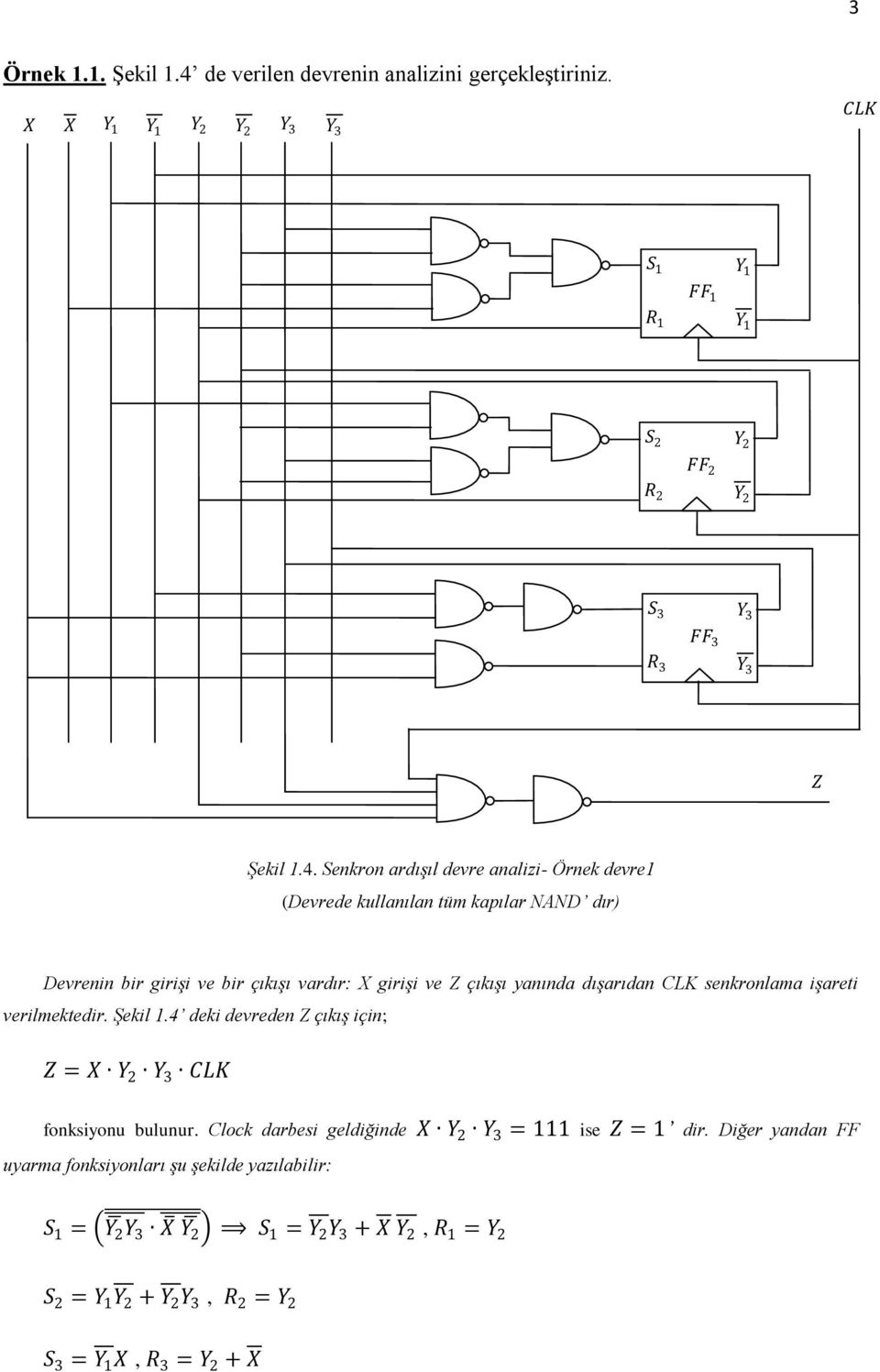 Senkron ardışıl devre analizi- Örnek devre1 (Devrede kullanılan tüm kapılar NAND dır) Devrenin bir girişi ve bir çıkışı vardır: X girişi ve Z çıkışı yanında dışarıdan CLK
