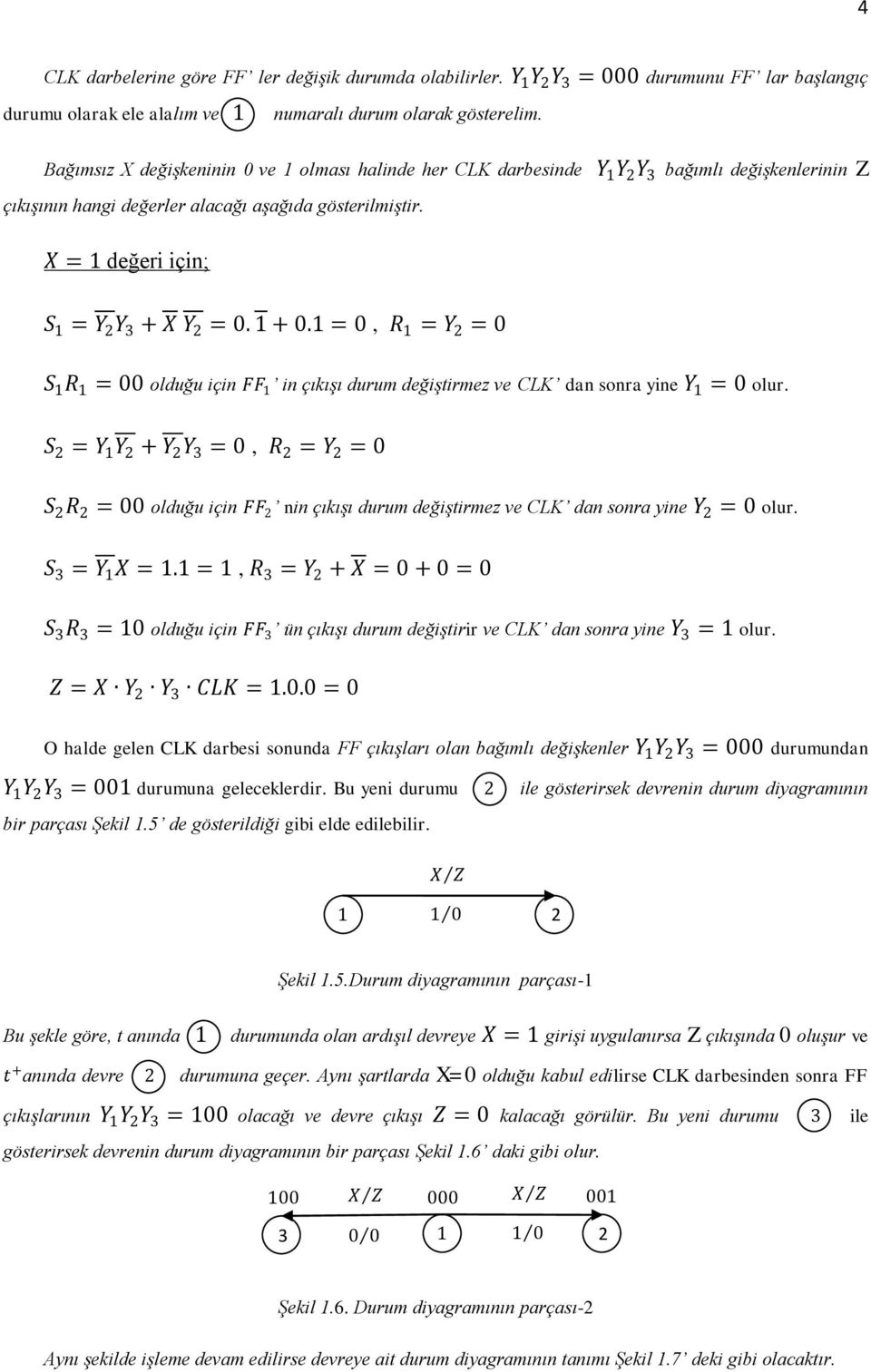 X = 1 değeri için; S 1 = Y 2 Y 3 + X Y 2 = 0. 1 + 0.1 = 0, R 1 = Y 2 = 0 S 1 R 1 = 00 olduğu için FF 1 in çıkışı durum değiştirmez ve CLK dan sonra yine Y 1 = 0 olur.