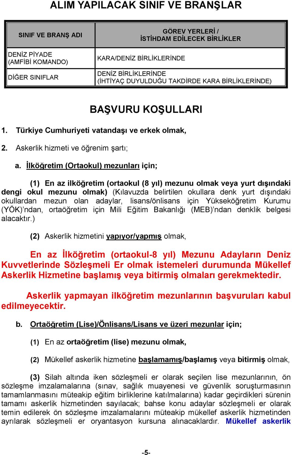 İlköğretim (Ortaokul) mezunları için; (1) En az ilköğretim (ortaokul (8 yıl) mezunu olmak veya yurt dışındaki dengi okul mezunu olmak) (Kılavuzda belirtilen okullara denk yurt dışındaki okullardan