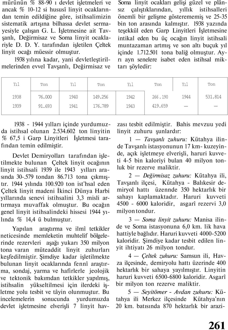 yılına kadar, yani devletleştirilmelerinden evvel Tavşanlı, Değirmisaz ve Soma linyit ocakları gelişi güzel ve plânsız çalıştıklarından, yıllık istihsalleri önemli bir gelişme gösterememiş ve 25-35