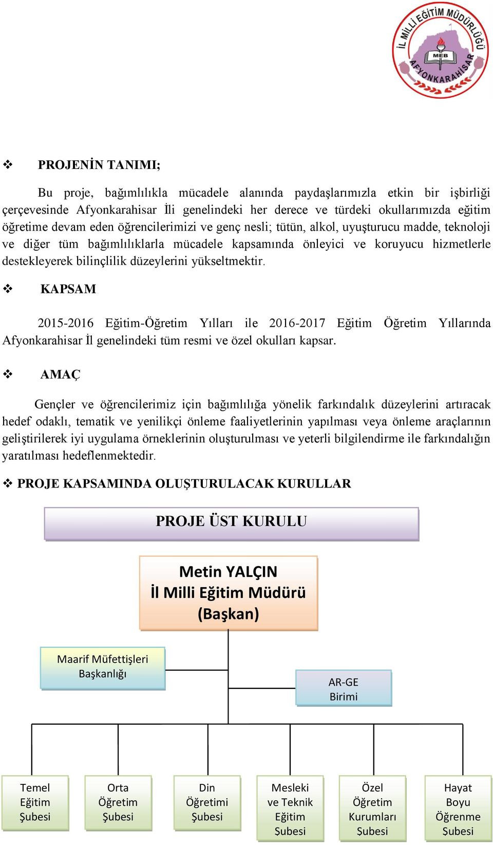 yükseltmektir. KAPSAM 2015-2016 Eğitim-Öğretim Yılları ile 2016-2017 Eğitim Öğretim Yıllarında Afyonkarahisar İl genelindeki tüm resmi ve özel okulları kapsar.