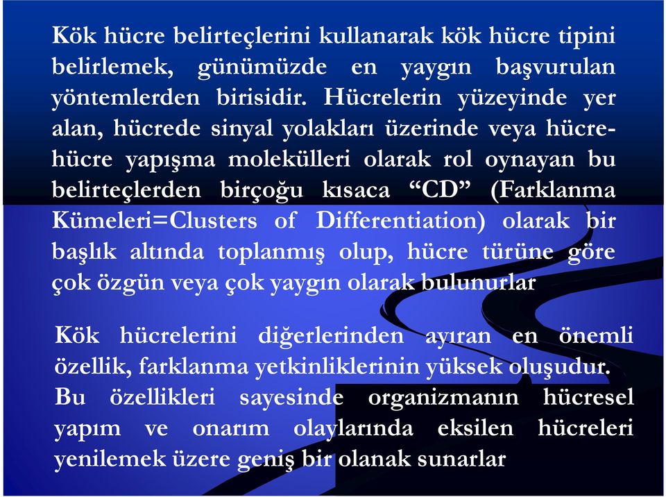 (Farklanma Kümeleri=Clusters of Differentiation) olarak bir başlık altında toplanmış olup, hücre türüne göre çok özgün veya çok yaygın olarak bulunurlar Kök