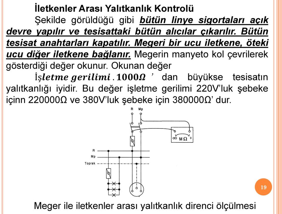 Megerin manyeto kol çevrilerek gösterdiği değer okunur. Okunan değer İşletme gerilimi.